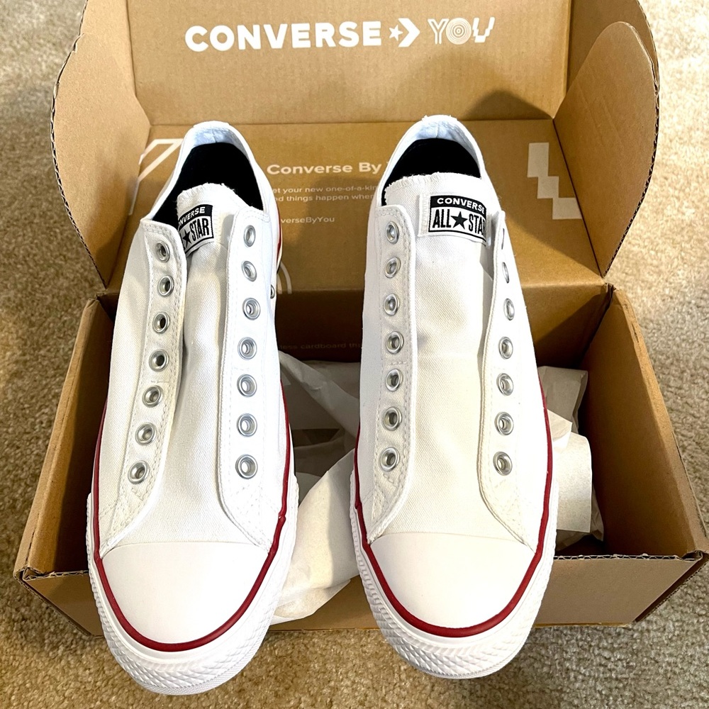 Brand new, unworn Chuck Taylor custom lace less slip on low tops